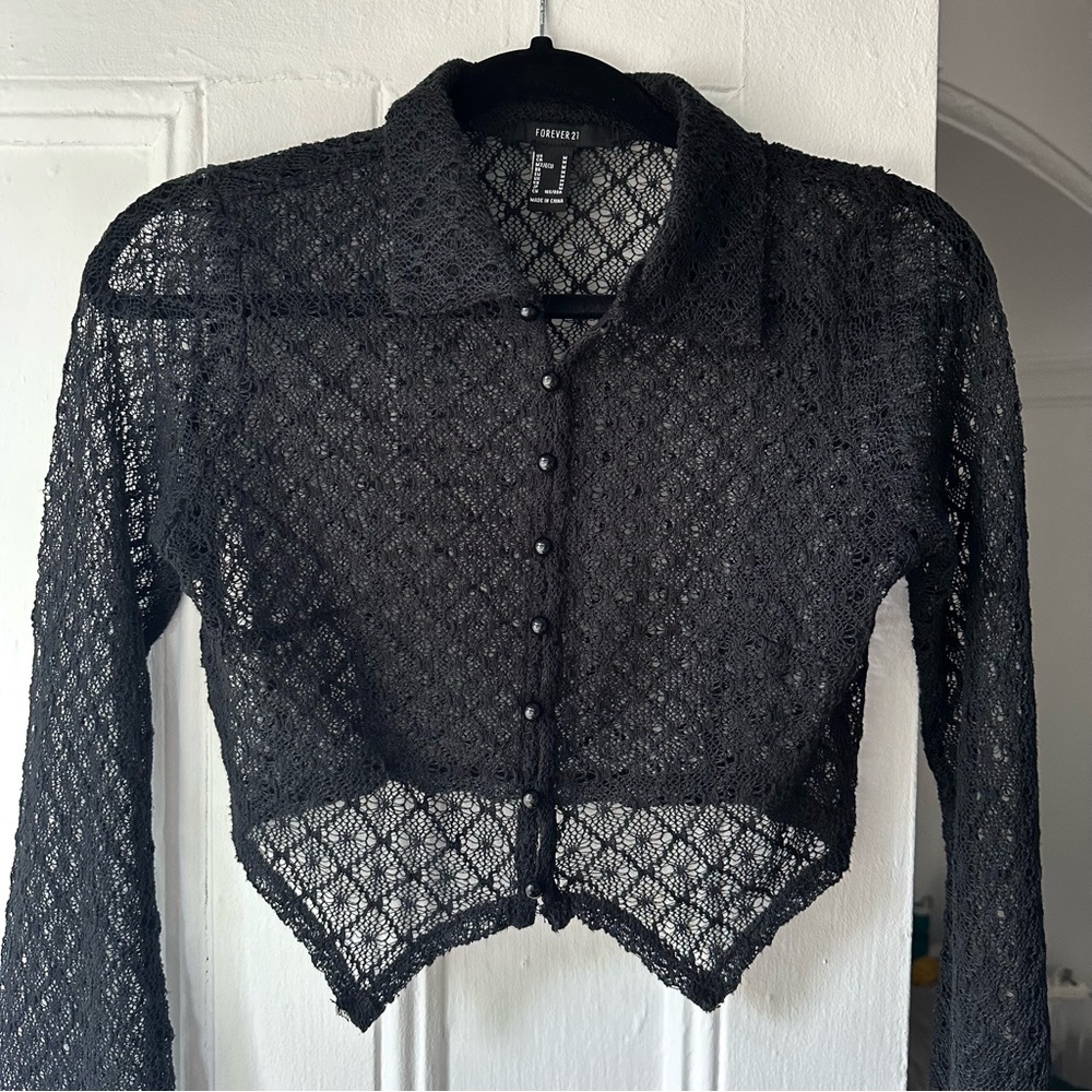 Black Woven Lace Long Sleeve Sheer Top
